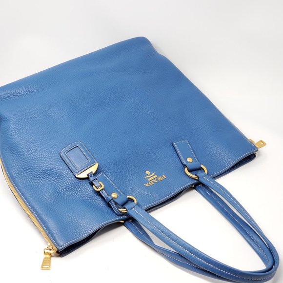 Auth Prada Large Blue Leather Tote Shoulder Bag - Picture 6 of 16